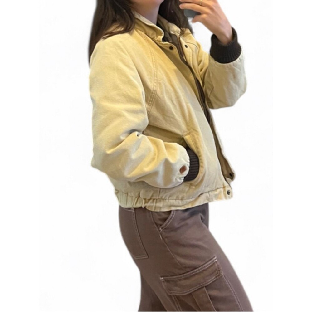 Obey Cream Canvas Bomber Jacket Corduroy Collar Brown Lining Short Women’s Sz M